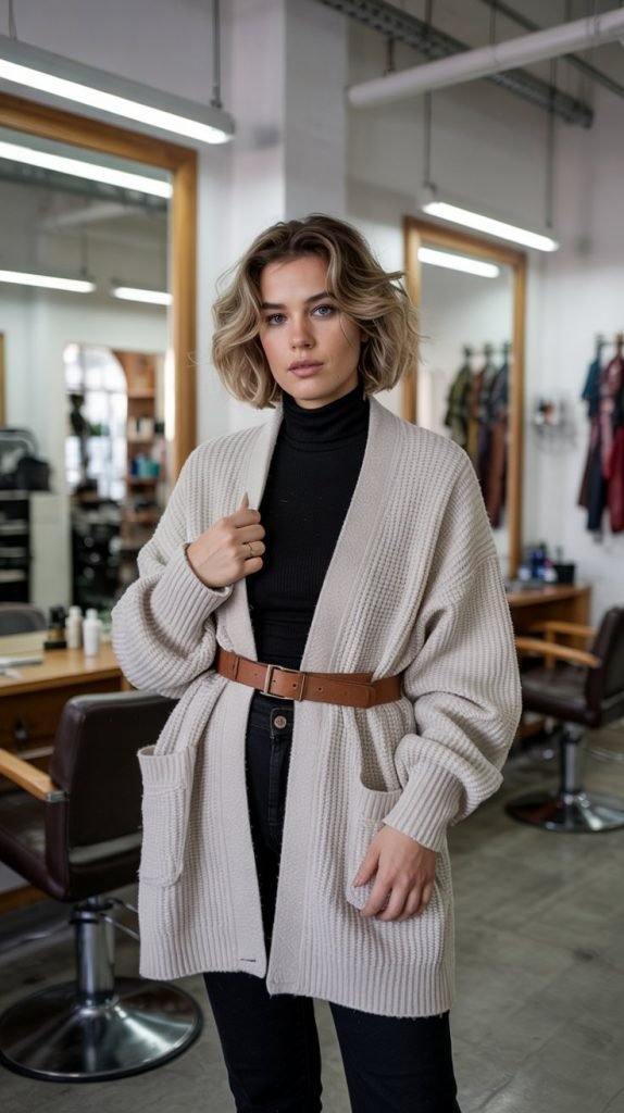  Oversized Cardigan Worn as Coat with Belt