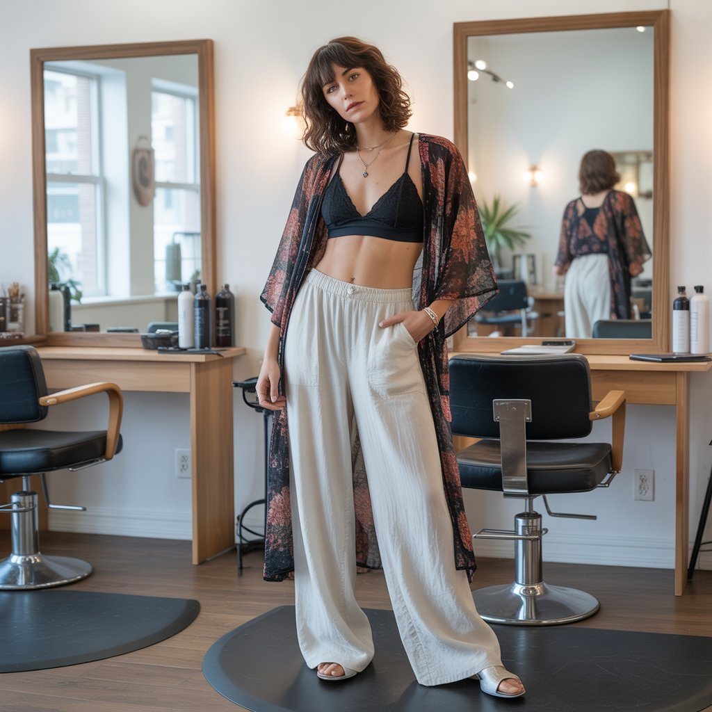 21. Wide-Leg Linen Pants with Bralette and Kimono