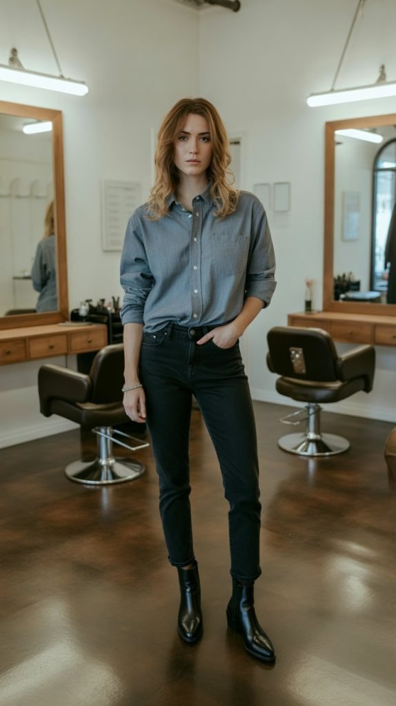 5. Denim Shirt and Black Pants