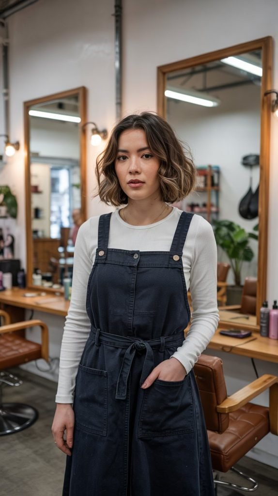 Layered Long-Sleeve Tee Under Denim Pinafore