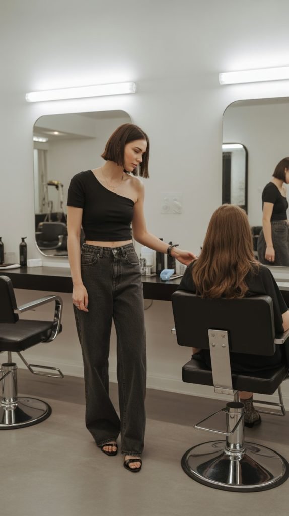 Black Asymmetric Top with Straight-Leg Jeans