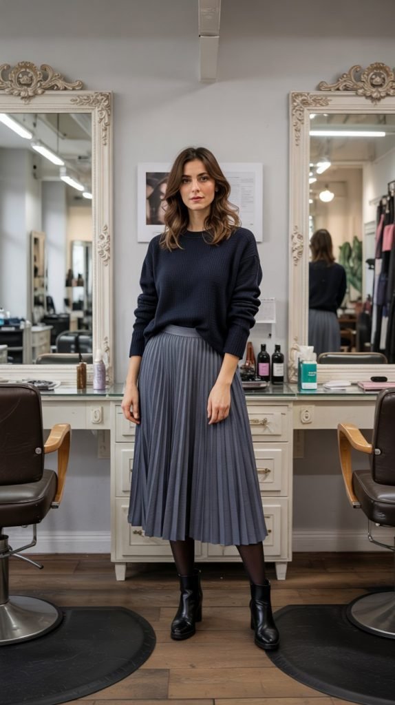 Merino Wool Crew Neck with Pleated Midi Skirt