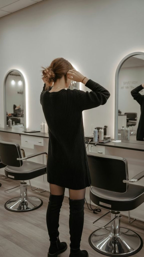 Black Knit Dress with Over-the-Knee Boots
