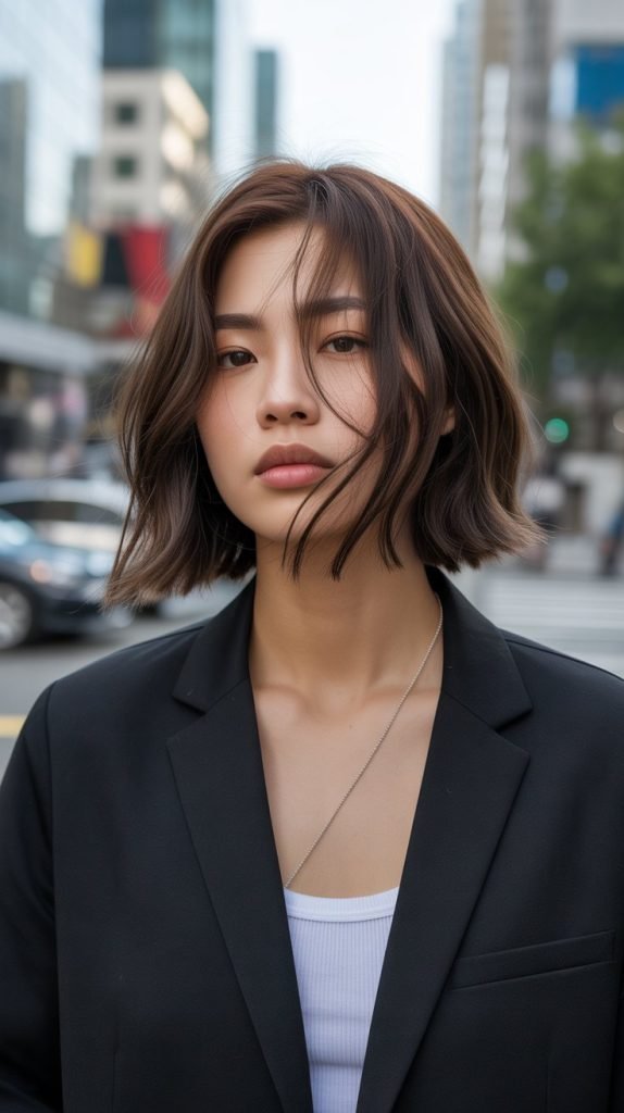 6. Choppy Long Bob with Edgy Curtain Bangs