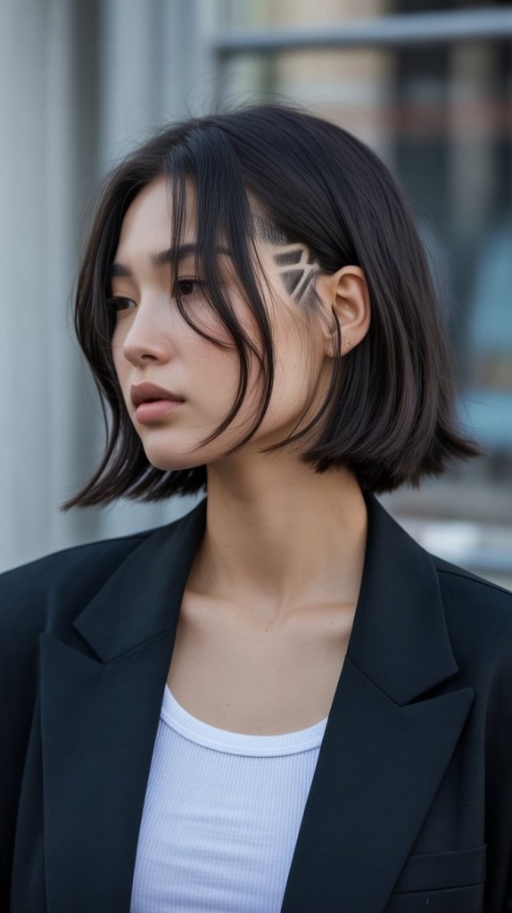 12. Long Bob with Curtain Bangs and Hidden Undercut