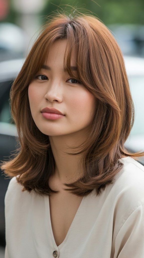 10. Layered Long Bob with Face-Framing Curtain Bangs
