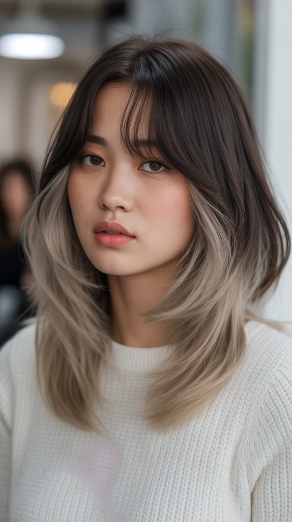 20. Dimensional Long Bob with Ombré and Curtain Bangs