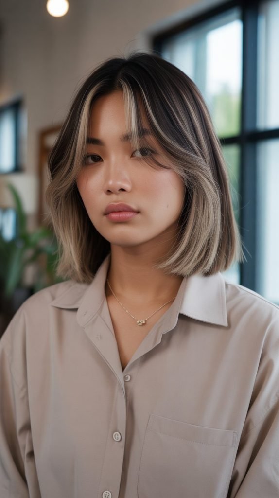 22. Long Bob with Curtain Bangs and Root Shadow