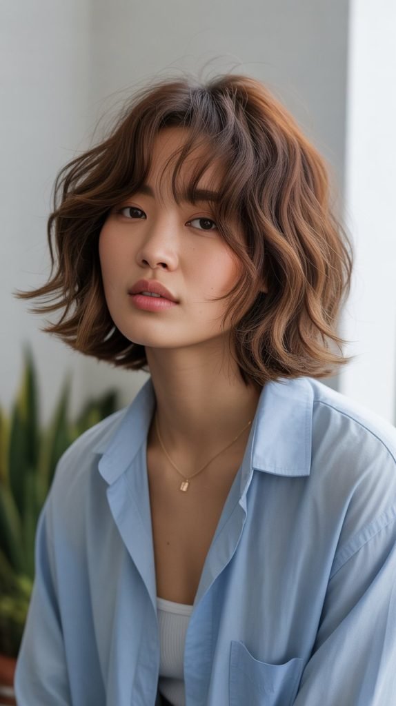 14. Shaggy Long Bob with Textured Curtain Bangs