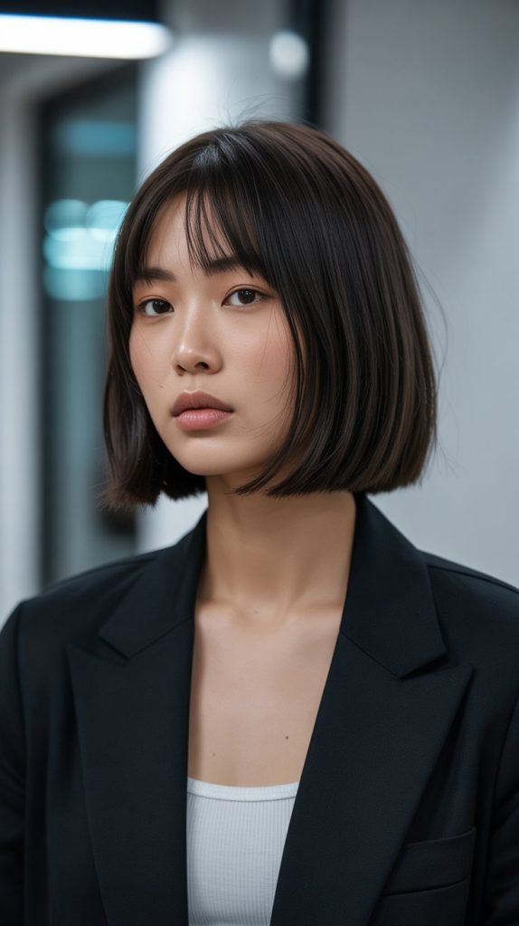 4. Blunt Cut Long Bob with Bold Curtain Bangs