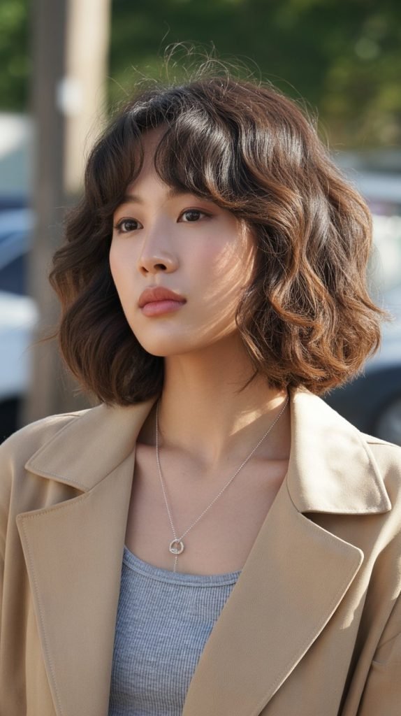 2. Textured Wavy Long Bob with Soft Curtain Bangs