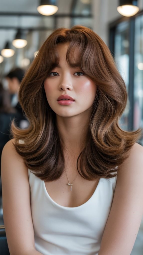 26. Voluminous Blown-Out Long Bob with Full Bangs