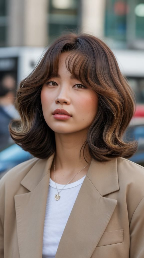 8. Voluminous Long Bob with Full Curtain Bangs