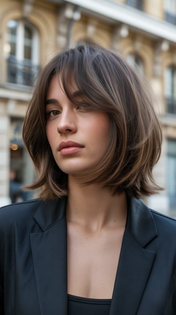 3. Layered Long Bob with Feathered Curtain Bangs