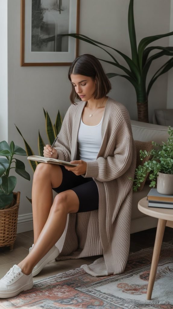  Oversized Cardigan with Tank and Biker Shorts