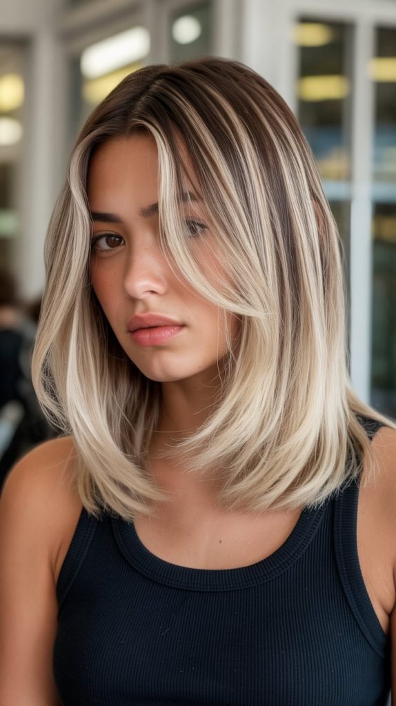 28. Long Bob with Curtain Bangs and Pearl Blonde Highlights