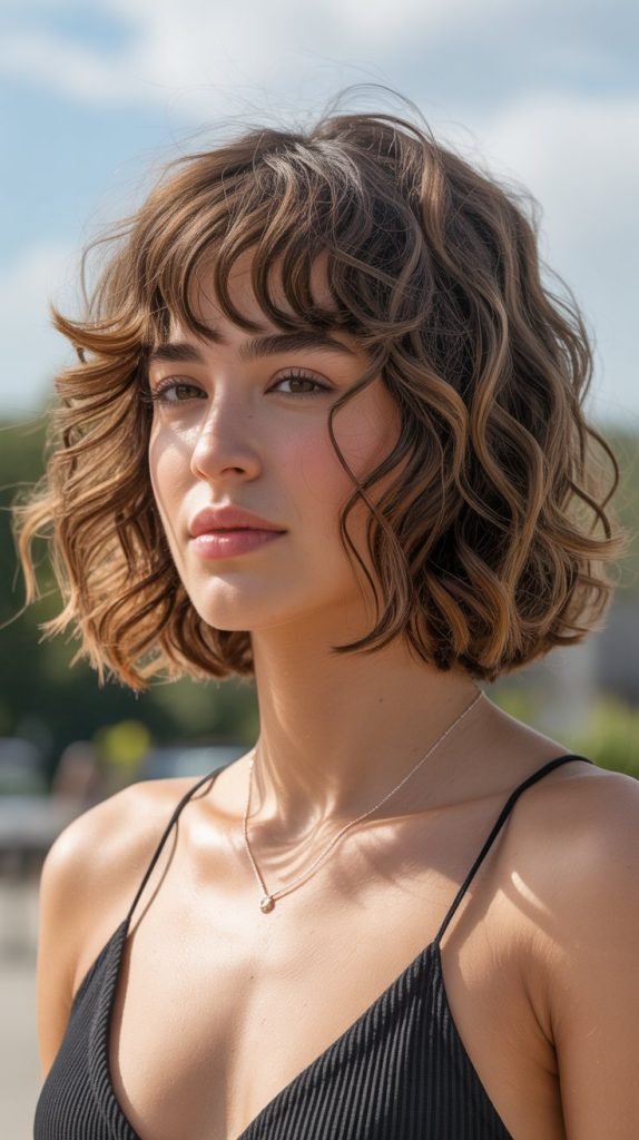 17. Long Bob with Curtain Bangs and Beach Waves