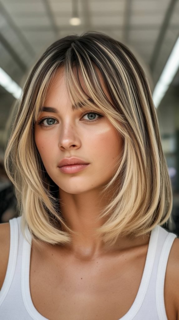 19. Long Bob with Curtain Bangs and Highlighted Front Pieces
