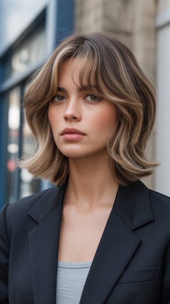 16. Long Bob with Curtain Bangs and Root Volume