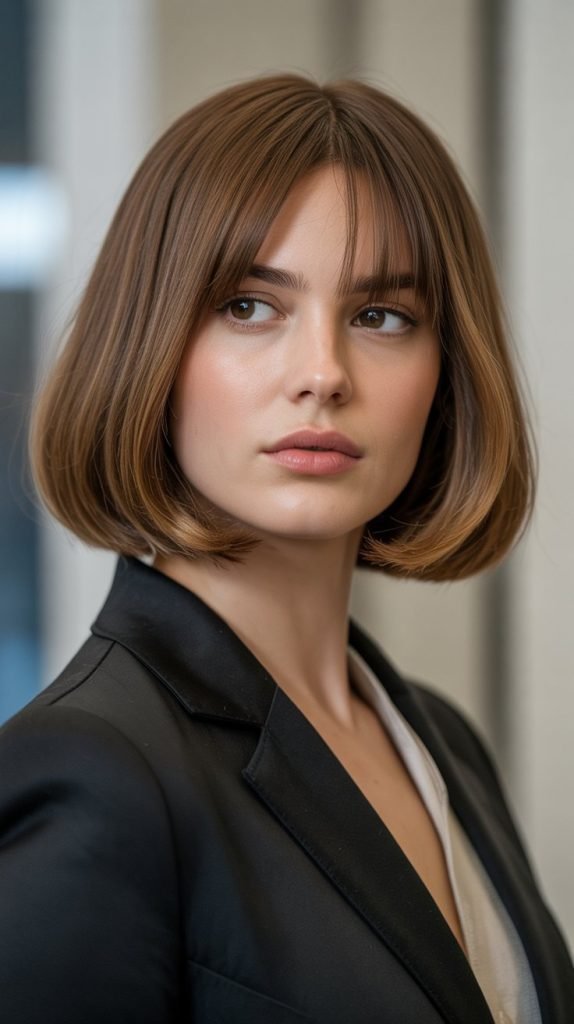 17. Long Bob with Curtain Bangs and Tucked Under Ends