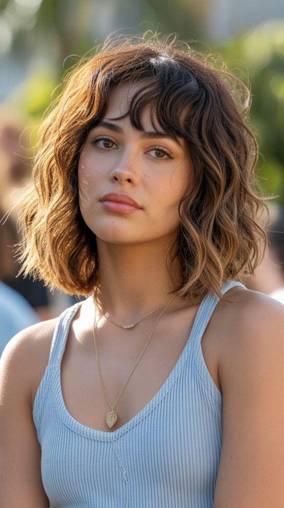 18. Long Bob with Curtain Bangs and Beach Waves