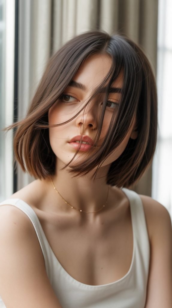 5. Long Bob with Side-Swept Curtain Bangs