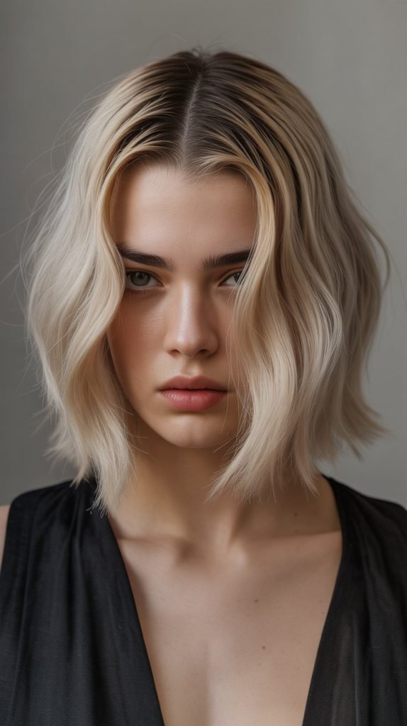 22. Long Bob with Curtain Bangs and Slicked Back Top