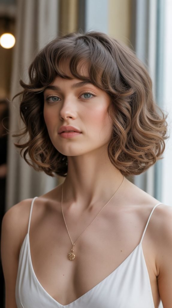20. Long Bob with Curtain Bangs and Soft Curls