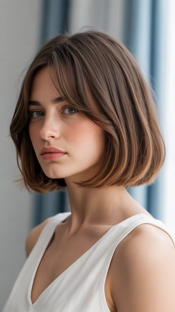14. Long Bob with Curtain Bangs and Subtle Layers