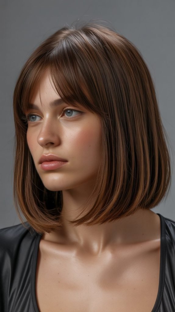 26. Long Bob with Curtain Bangs and Glossy Finish