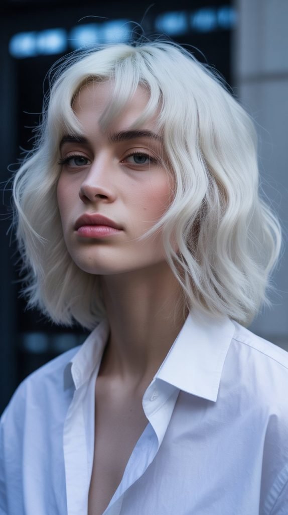5. Platinum Blonde Long Bob with Curtain Bangs