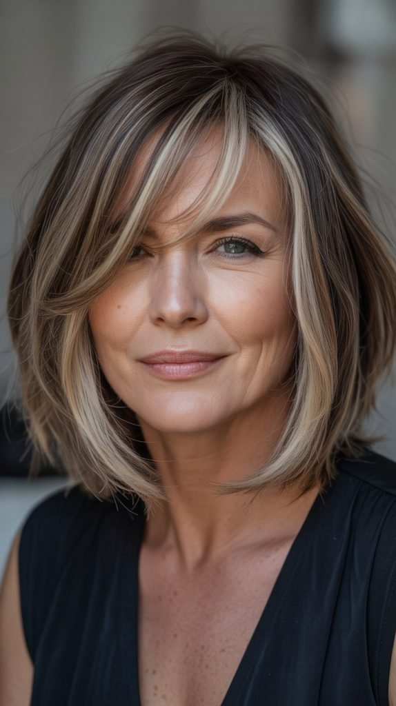 25. Highlighted Long Bob with Peek-a-Boo Bangs