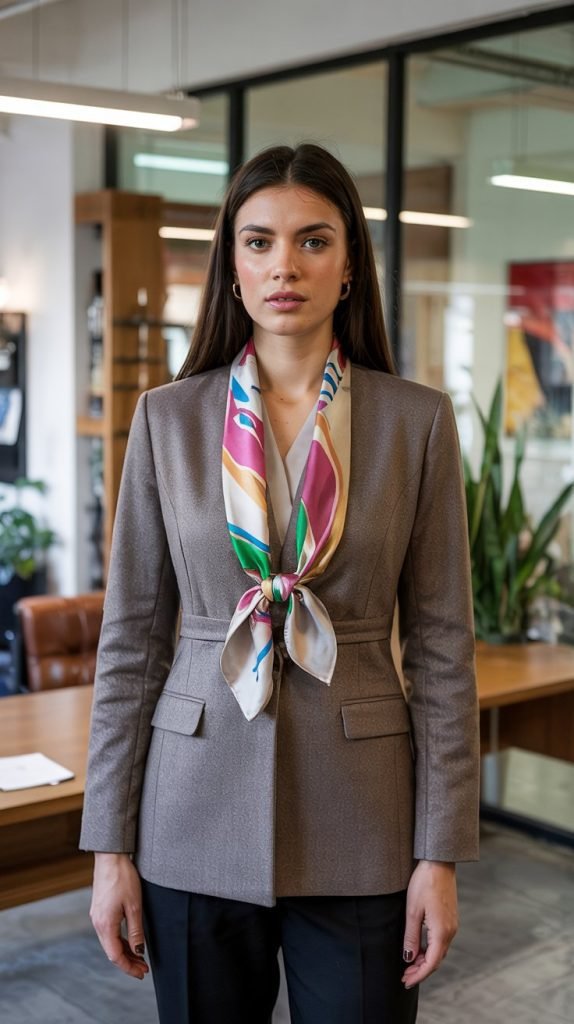  Layered Blazer with Silk Scarf Detail