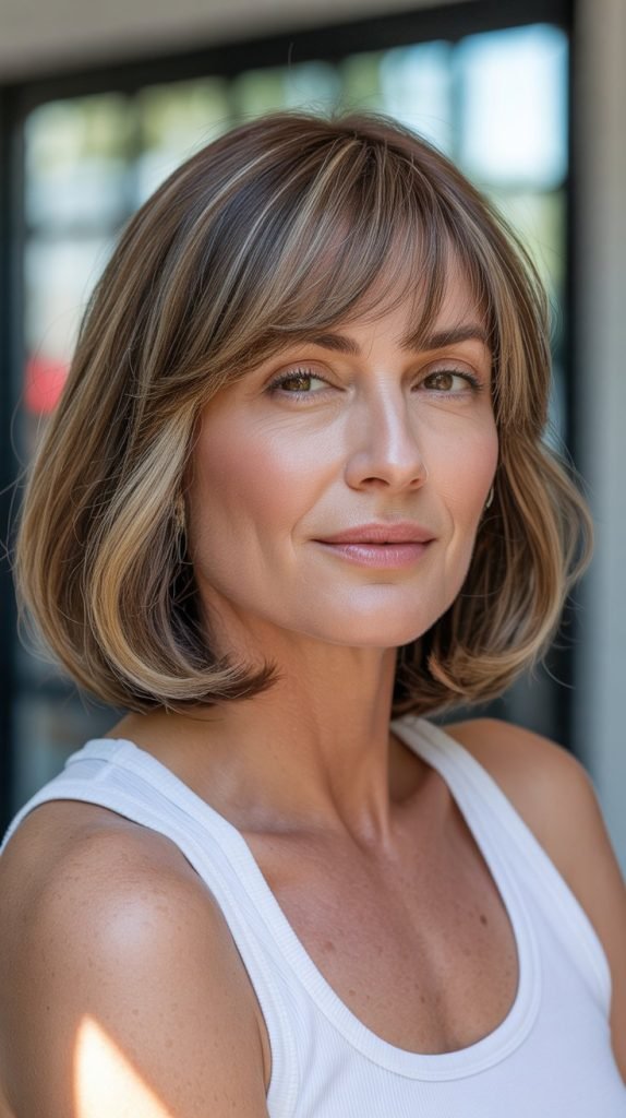  Long Bob with Curtain Bangs and Highlights