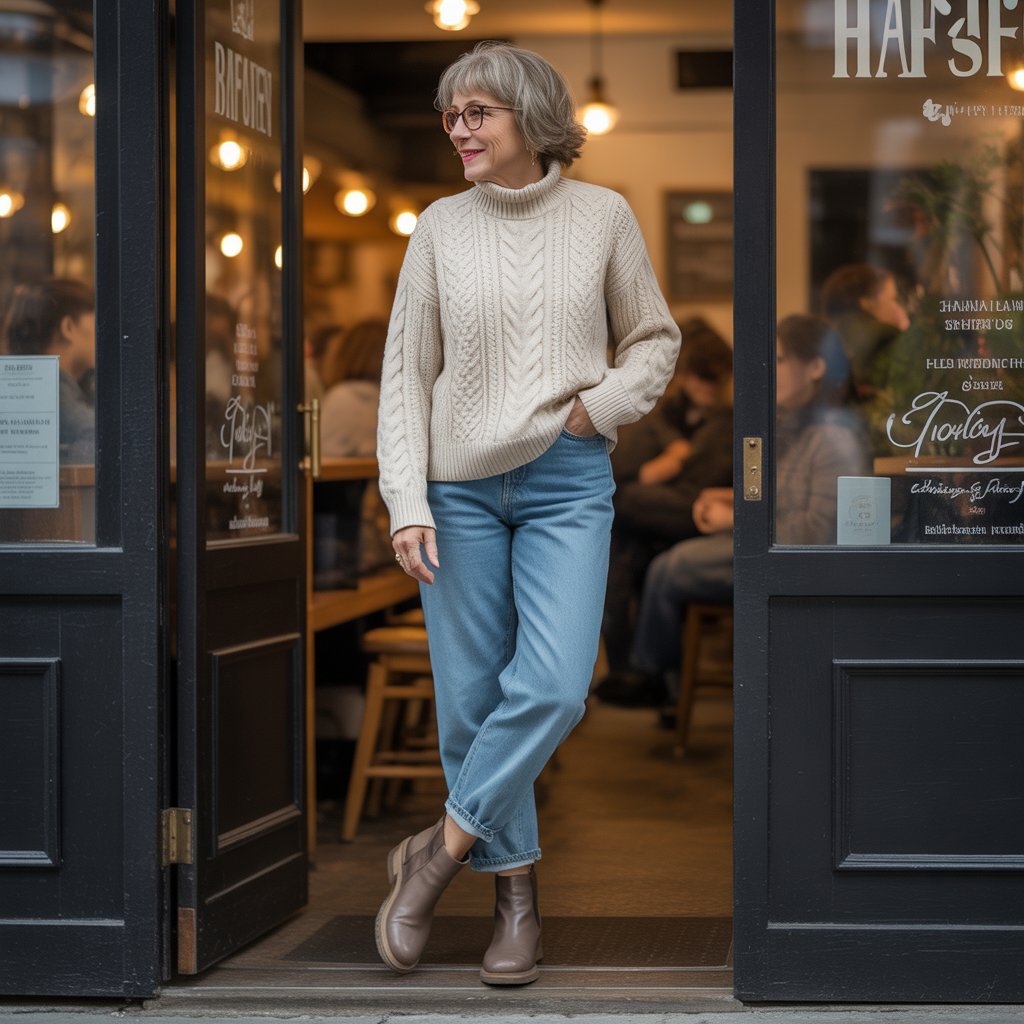 7. Chunky Knit Sweater with Straight-Leg Jeans