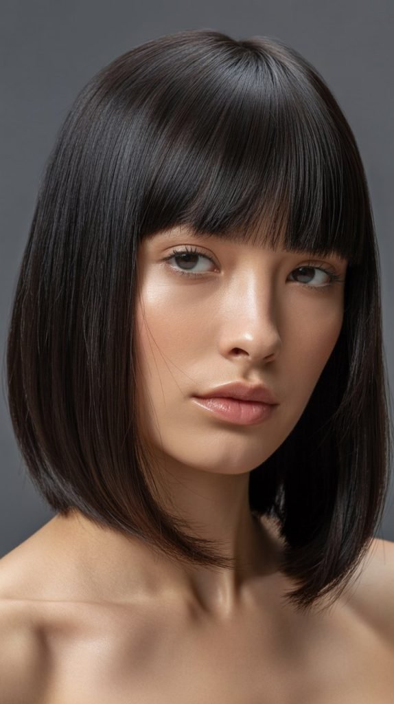 2. Sleek and Straight Long Bob with Sharp Side Part