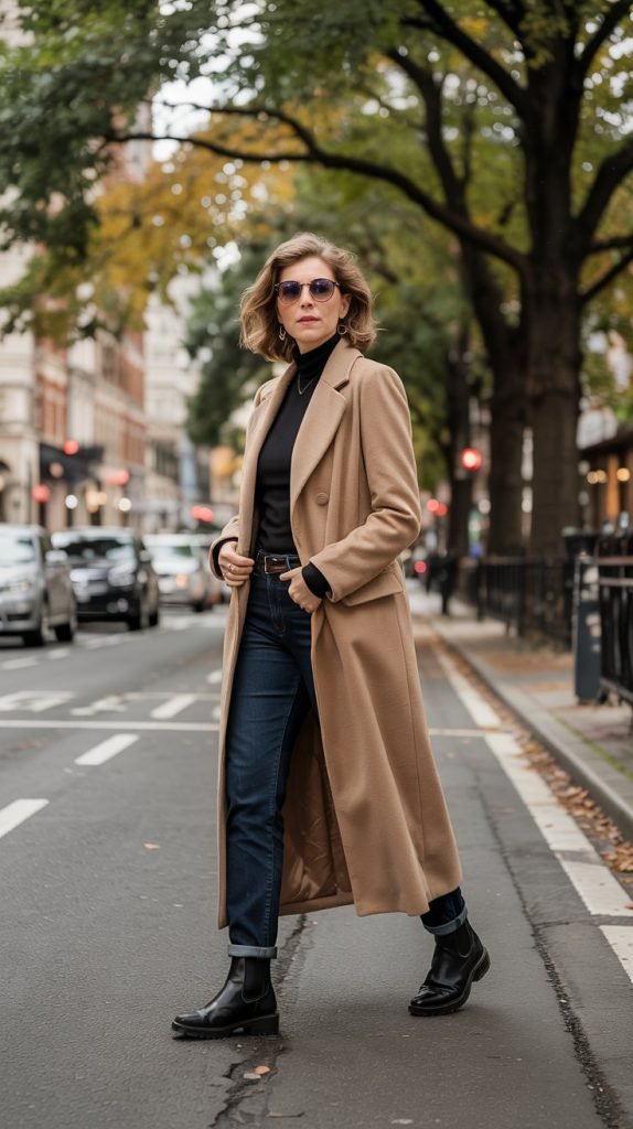 Camel Coat with Jeans and Chelsea Boots