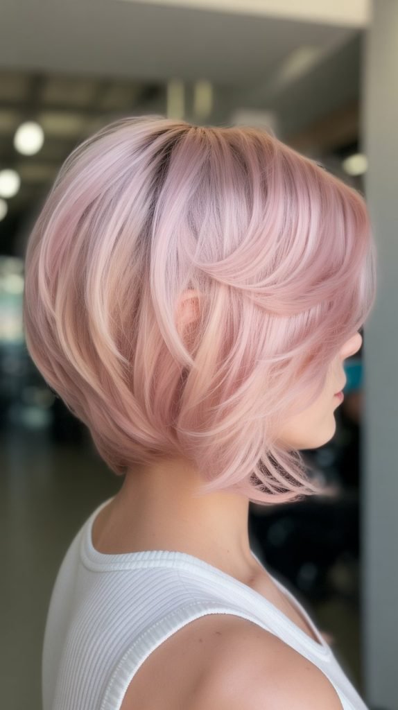 32. Stacked Bob with Pastel Pink Undertones