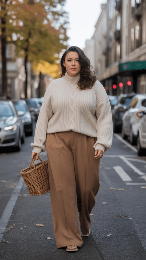 Chunky Knit Sweater with Wide-Leg Trousers
