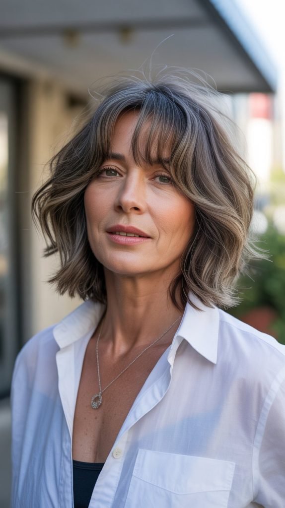 3. Textured Long Bob with Wispy Bangs