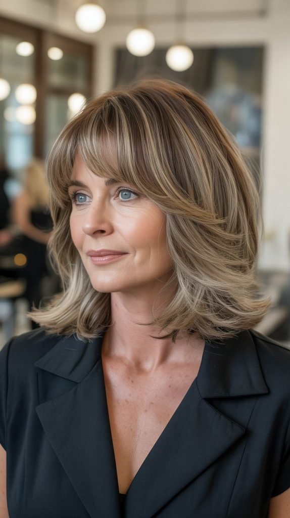 12. Balayage Long Bob with Swoopy Bangs