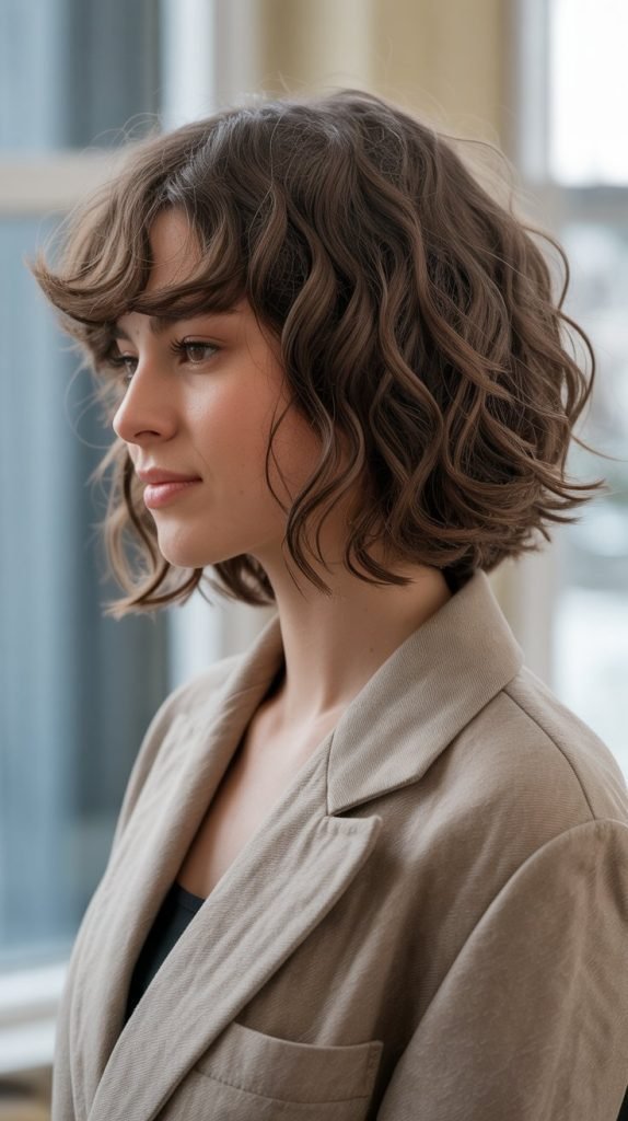 5. Textured Long Bob with Side-Swept Curtain Bangs