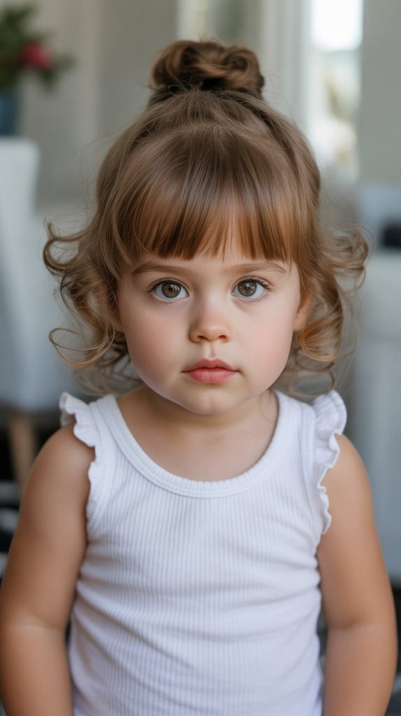 22. Low Bun with Curly Bangs