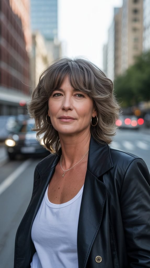 . Choppy Mid-Length Layers with Curtain Bangs