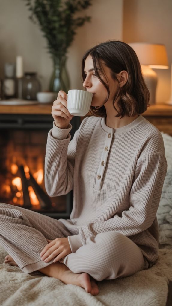  Waffle Knit Henley Set