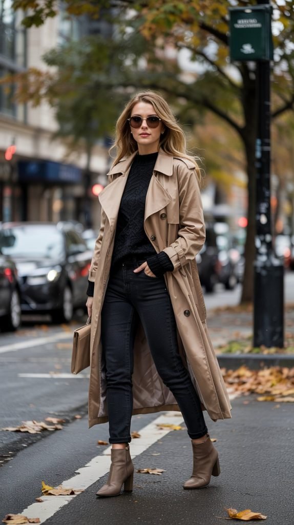 Trench Coat Over Jeans Ensemble