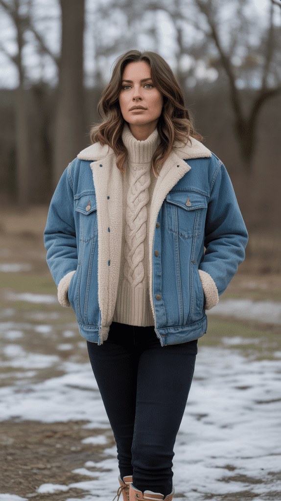 Shearling-Lined Denim Jacket with Sweater