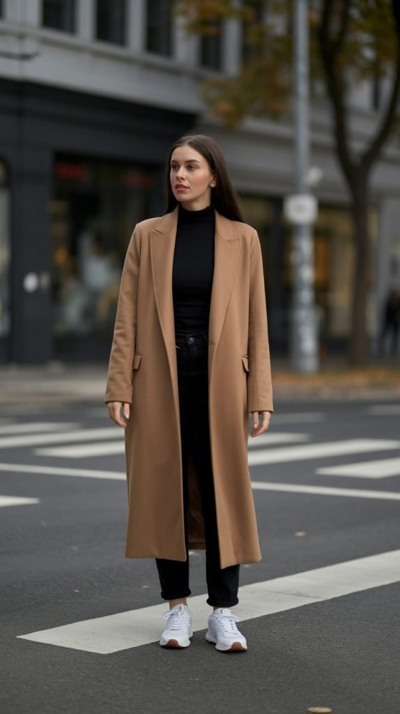 12. Longline Coat over Monochrome Outfit