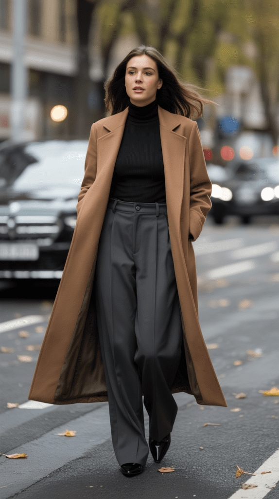 Longline Coat with Turtleneck and Wide-Leg Trousers