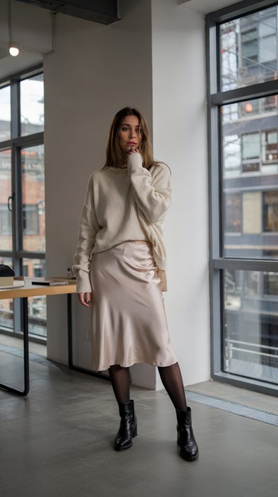Satin Slip Skirt with Sweater Layer